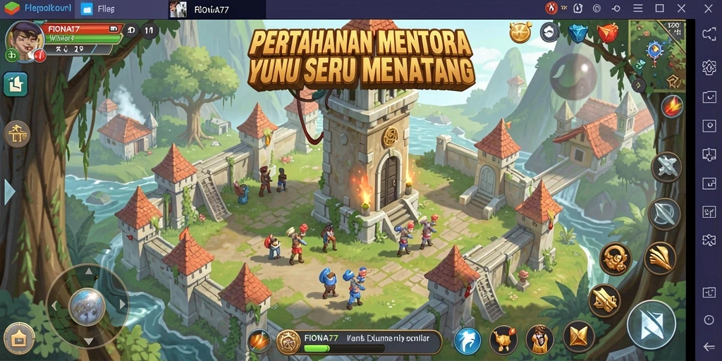 Tampilan gameplay seru FIONA77 dengan strategi menara penyerangan.