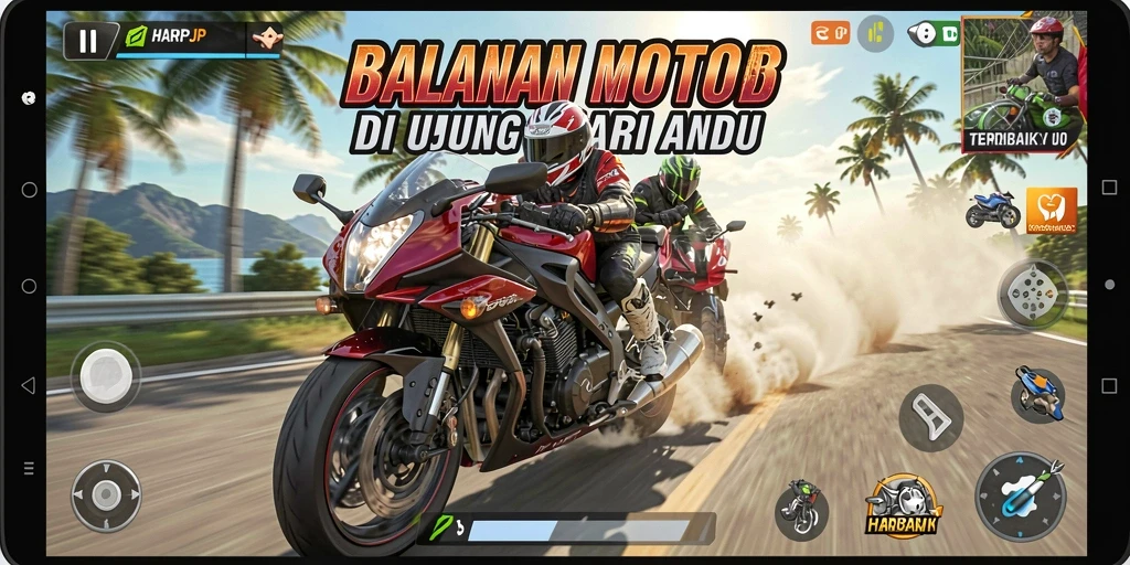 Screenshot utama HARAPJP menampilkan aksi balapan motor yang mendebarkan.