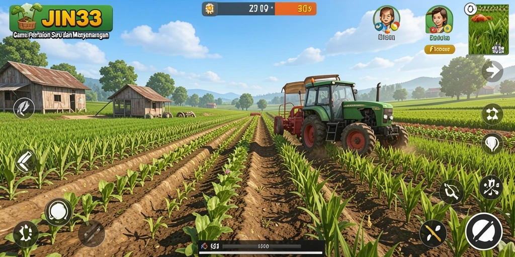 Tampilan gameplay JIN33 yang menarik dan penuh warna saat bertani.