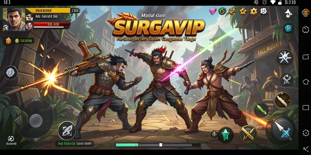 Screenshot utama SURGAVIP menunjukkan berbagai karakter dalam aksi pertarungan yang mendebarkan.