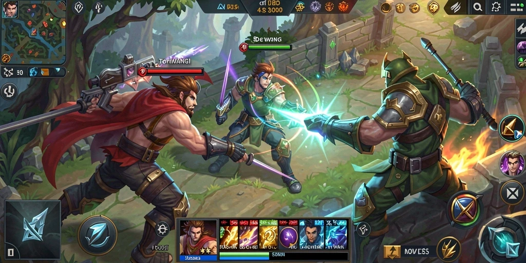 Screenshot gameplay TOPIWANGI dengan pertempuran epik di arena.